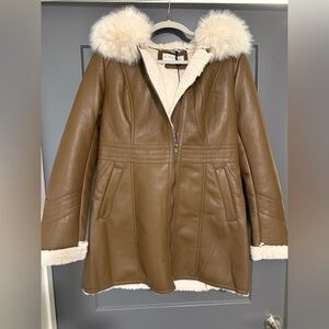 B. COATURE Chic Brown Faux/Vegan Leather Jacket with Cream Fur Trim